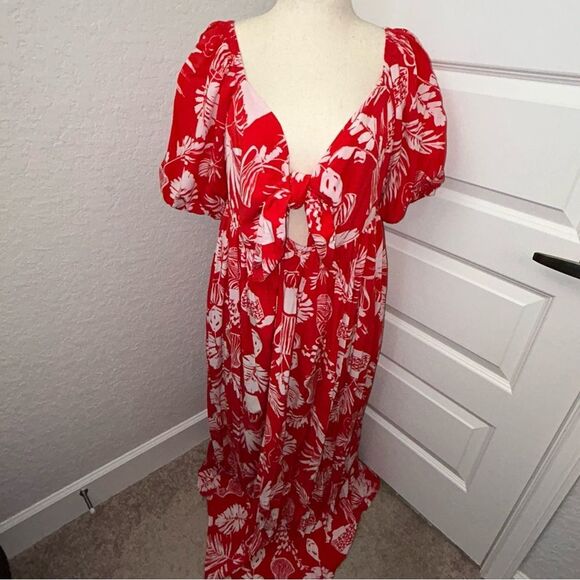 Eloquii Tropical Print Tie Front Off On Shoulder Maxi Dress - Picture 1 of 12